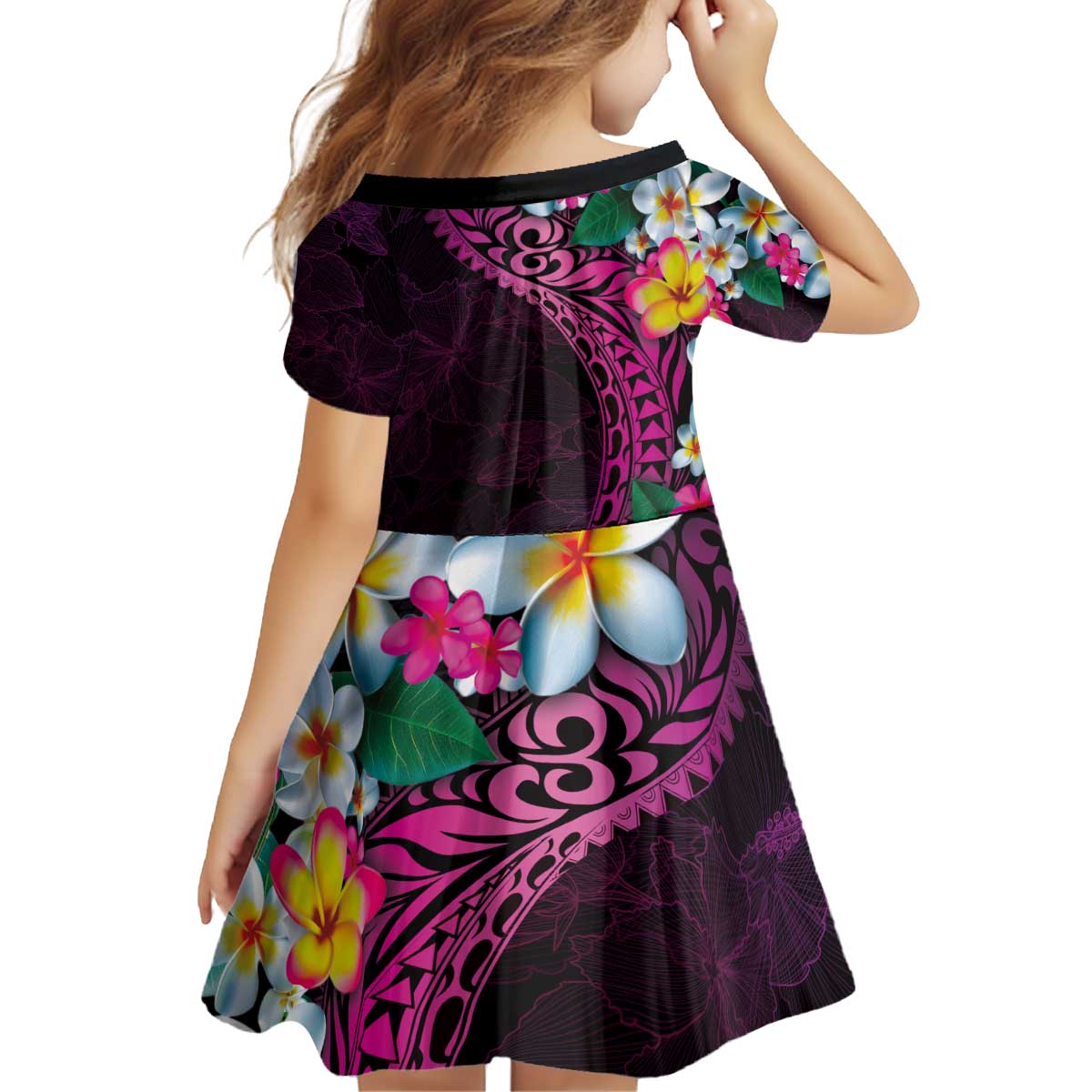 Hawaiian Plumeria-Polynesian Art Tattoo Plum Pink Color Kid Short Sleeve Dress LT03 - Polynesian Pride