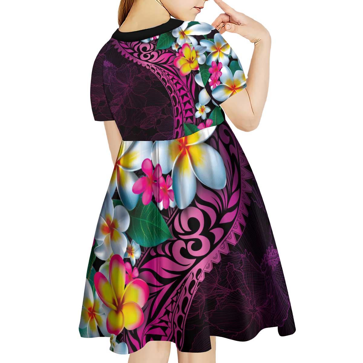 Hawaiian Plumeria-Polynesian Art Tattoo Plum Pink Color Kid Short Sleeve Dress LT03 - Polynesian Pride