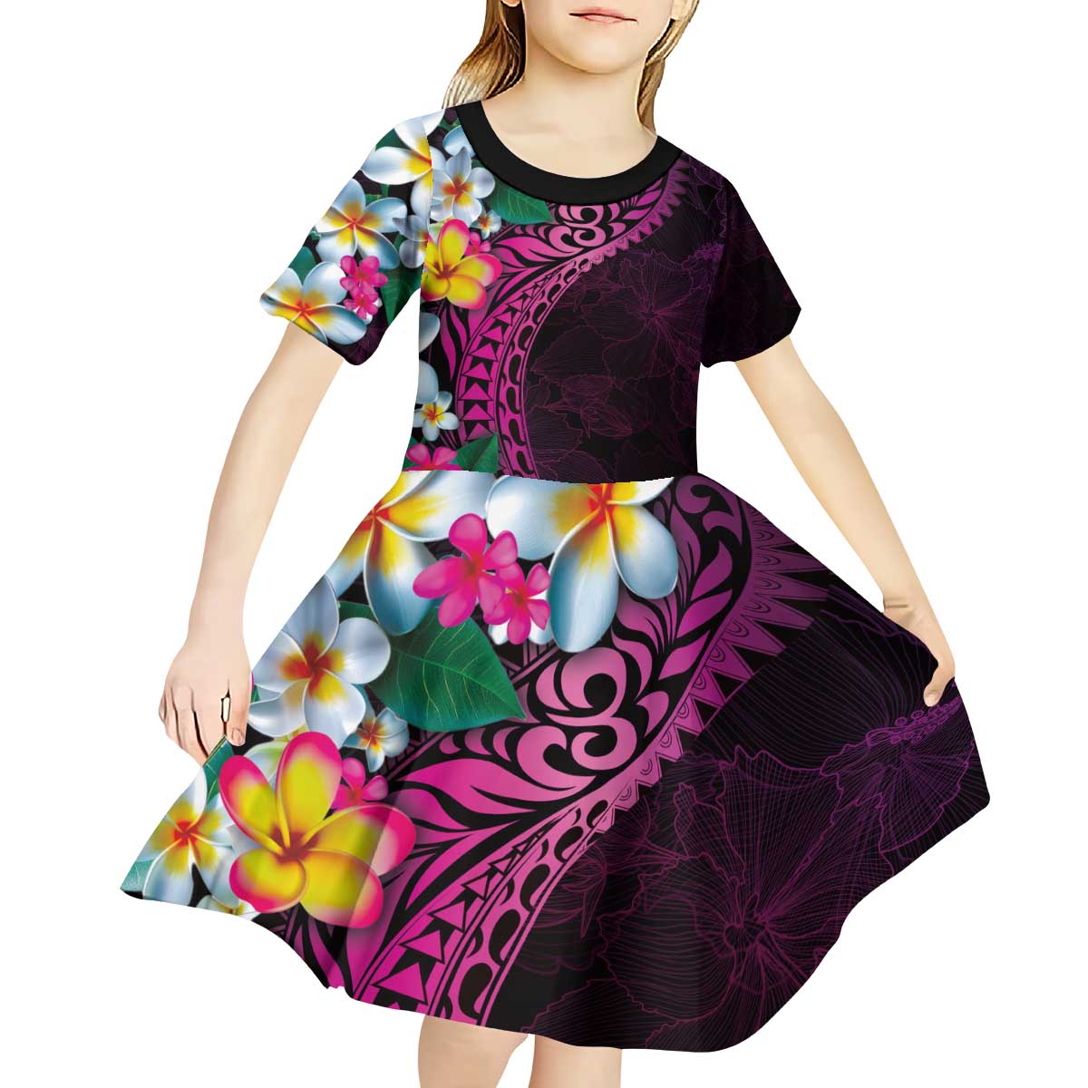 Hawaiian Plumeria-Polynesian Art Tattoo Plum Pink Color Kid Short Sleeve Dress LT03 - Polynesian Pride