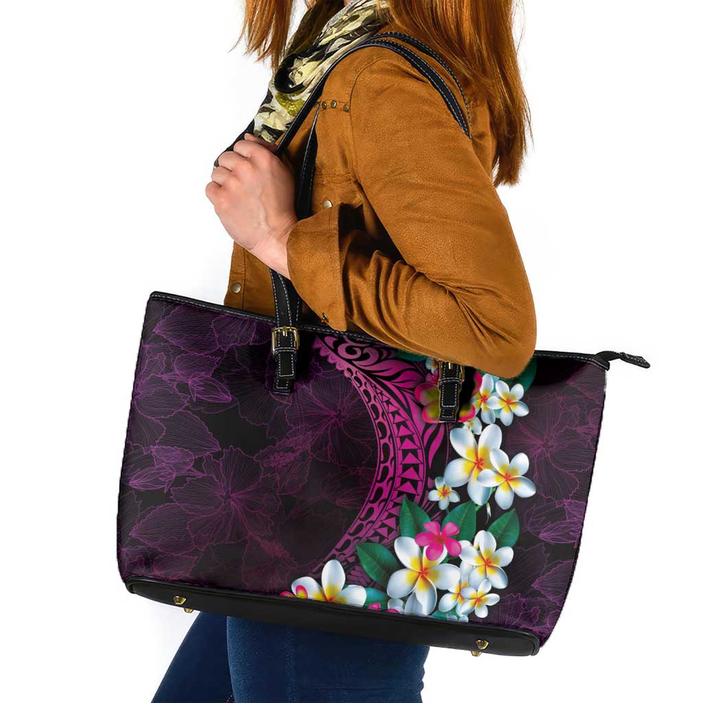 Hawaiian Plumeria-Polynesian Art Tattoo Plum Pink Color Leather Tote Bag LT03 Pink - Polynesian Pride