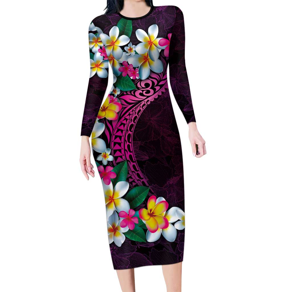 Hawaiian Plumeria-Polynesian Art Tattoo Plum Pink Color Long Sleeve Bodycon Dress LT03 Long Dress Pink - Polynesian Pride