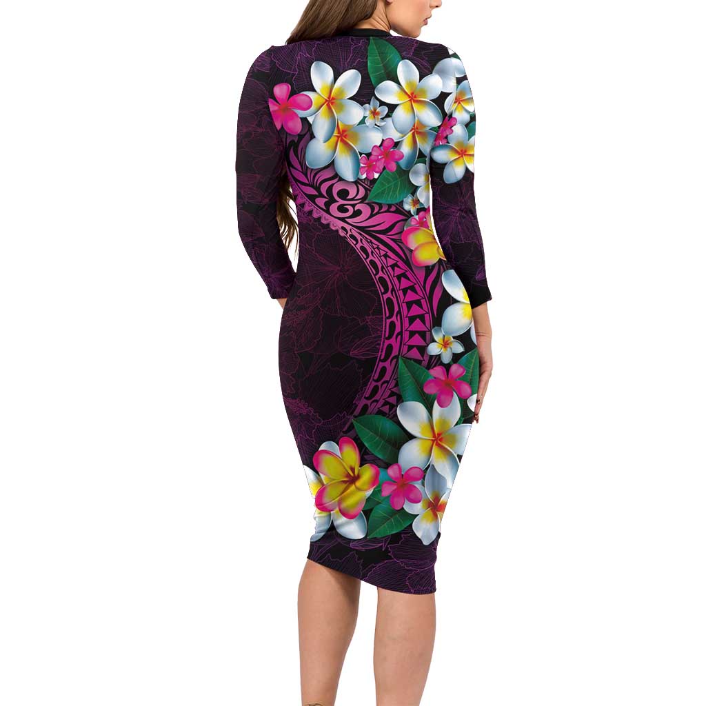 Hawaiian Plumeria-Polynesian Art Tattoo Plum Pink Color Long Sleeve Bodycon Dress LT03 - Polynesian Pride