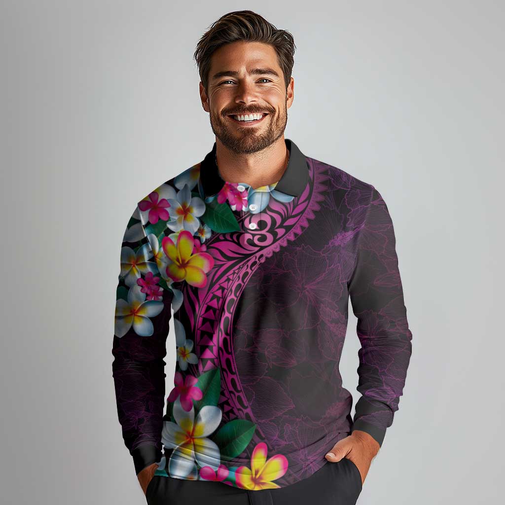 Hawaiian Plumeria-Polynesian Art Tattoo Plum Pink Color Long Sleeve Polo Shirt LT03 - Polynesian Pride