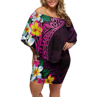 Hawaiian Plumeria-Polynesian Art Tattoo Plum Pink Color Off Shoulder Short Dress LT03 Women Pink - Polynesian Pride