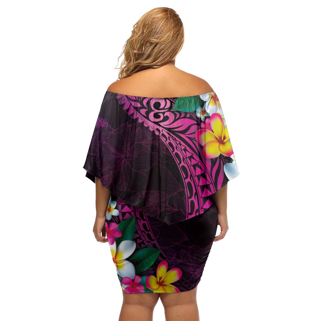 Hawaiian Plumeria-Polynesian Art Tattoo Plum Pink Color Off Shoulder Short Dress LT03 - Polynesian Pride