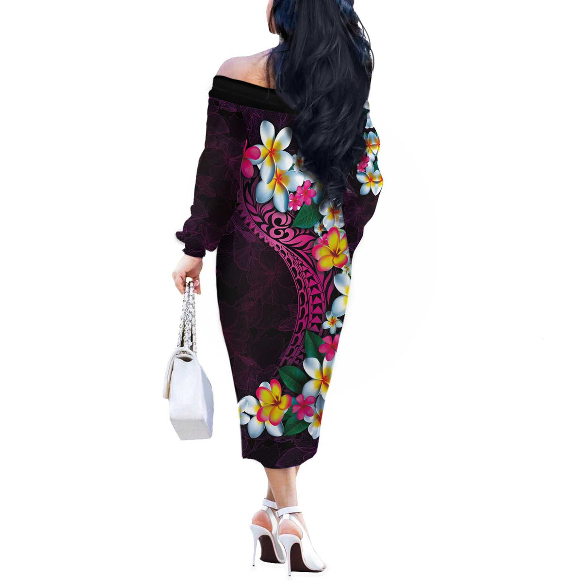 Hawaiian Plumeria-Polynesian Art Tattoo Plum Pink Color Off The Shoulder Long Sleeve Dress LT03 - Polynesian Pride