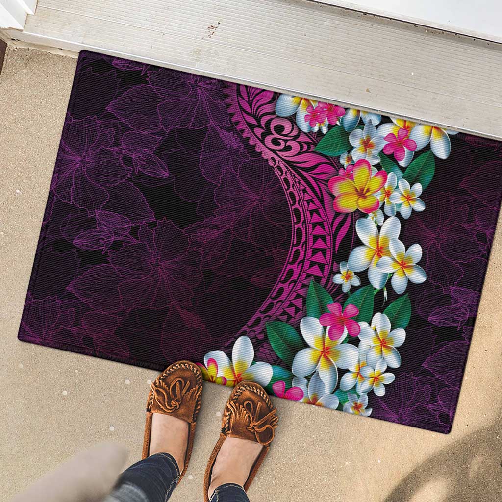 Hawaiian Plumeria-Polynesian Art Tattoo Plum Pink Color Rubber Doormat