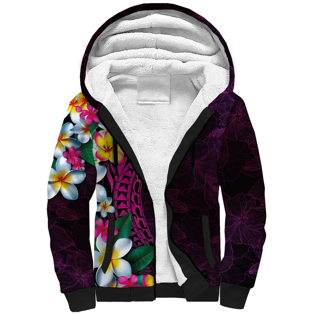 Hawaiian Plumeria-Polynesian Art Tattoo Plum Pink Color Sherpa Hoodie LT03 Unisex Pink - Polynesian Pride