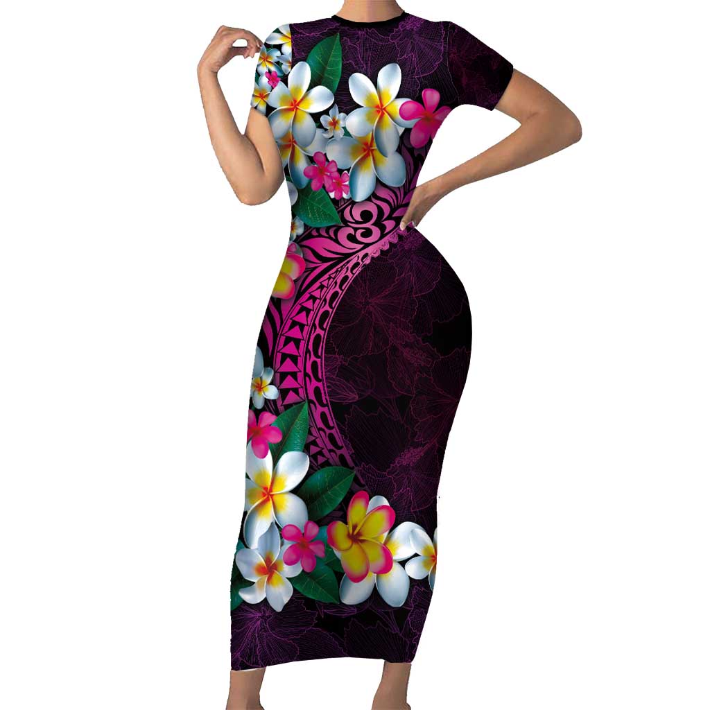 Hawaiian Plumeria-Polynesian Art Tattoo Plum Pink Color Short Sleeve Bodycon Dress LT03 Long Dress Pink - Polynesian Pride