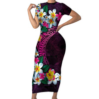 Hawaiian Plumeria-Polynesian Art Tattoo Plum Pink Color Short Sleeve Bodycon Dress LT03 Long Dress Pink - Polynesian Pride
