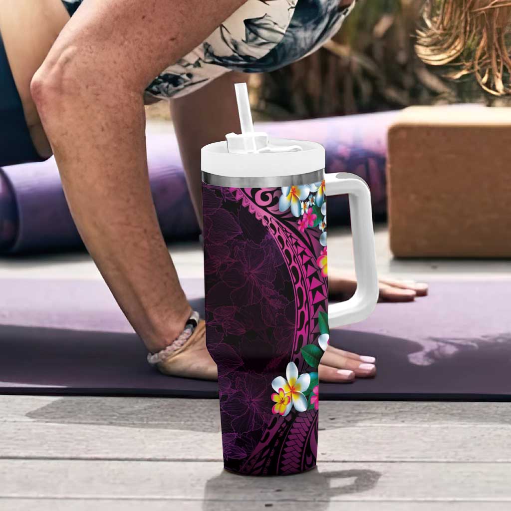 Hawaiian Plumeria-Polynesian Art Tattoo Plum Pink Color Tumbler With Handle