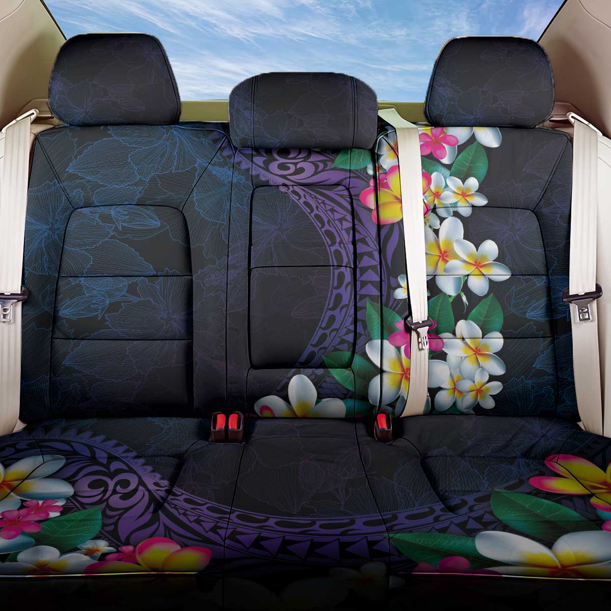 Hawaiian Plumeria-Polynesian Art Tattoo Frosted Blue Violet Color Back Car Seat Cover LT03 One Size Blue - Polynesian Pride