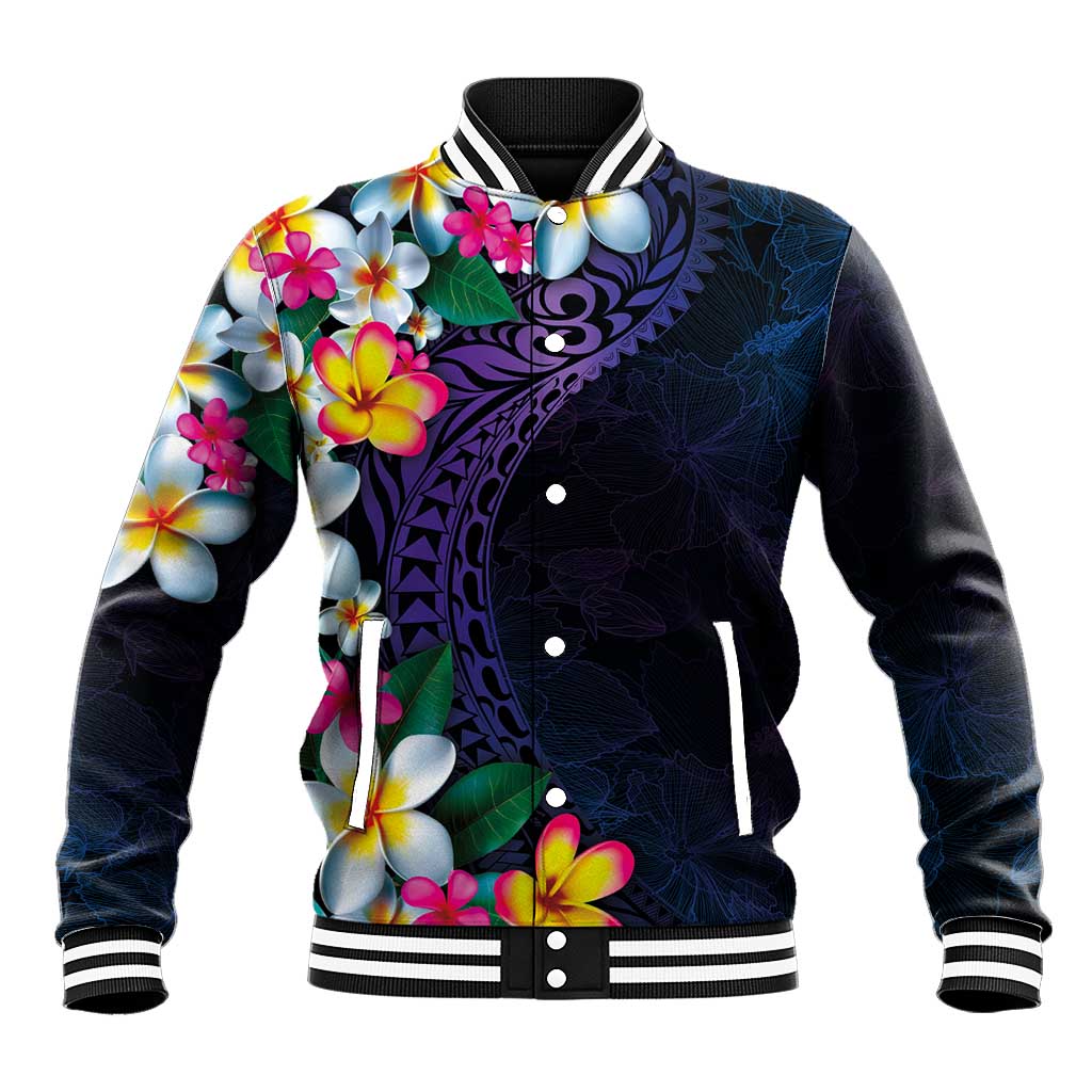 Hawaiian Plumeria-Polynesian Art Tattoo Frosted Blue Violet Color Baseball Jacket