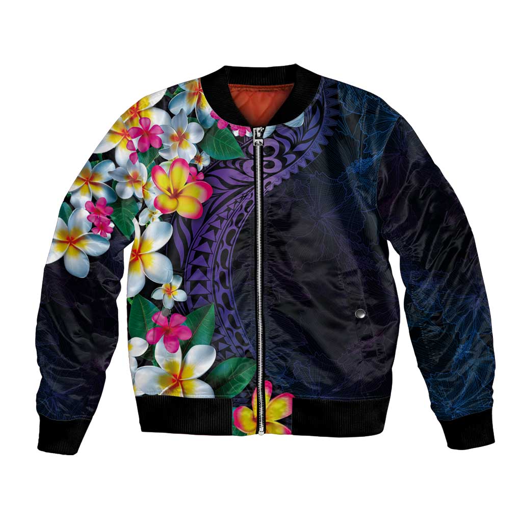 Hawaiian Plumeria-Polynesian Art Tattoo Frosted Blue Violet Color Bomber Jacket LT03 Unisex Blue - Polynesian Pride