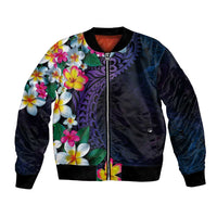 Hawaiian Plumeria-Polynesian Art Tattoo Frosted Blue Violet Color Bomber Jacket LT03 Unisex Blue - Polynesian Pride
