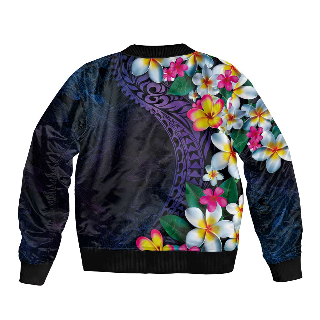 Hawaiian Plumeria-Polynesian Art Tattoo Frosted Blue Violet Color Bomber Jacket LT03 - Polynesian Pride