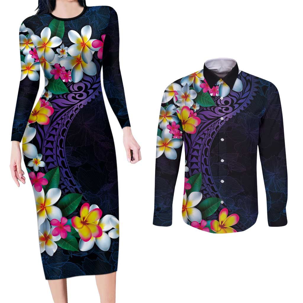 Hawaiian Plumeria-Polynesian Art Tattoo Frosted Blue Violet Color Couples Matching Long Sleeve Bodycon Dress and Long Sleeve Button Shirt LT03 Blue - Polynesian Pride