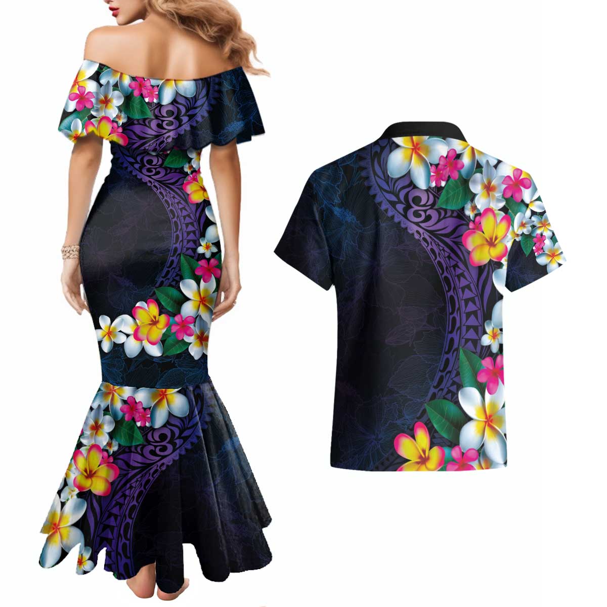 Hawaiian Plumeria-Polynesian Art Tattoo Frosted Blue Violet Color Couples Matching Mermaid Dress and Hawaiian Shirt LT03 - Polynesian Pride