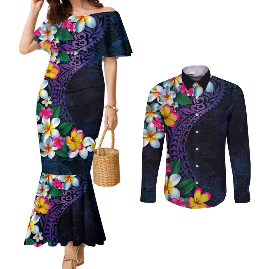 Hawaiian Plumeria-Polynesian Art Tattoo Frosted Blue Violet Color Couples Matching Mermaid Dress and Long Sleeve Button Shirt LT03 Blue - Polynesian Pride