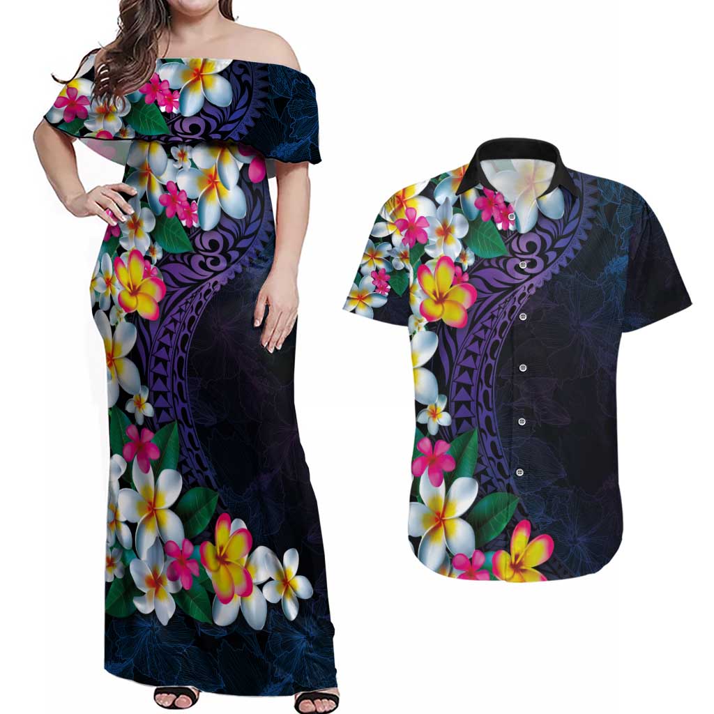 Hawaiian Plumeria-Polynesian Art Tattoo Frosted Blue Violet Color Couples Matching Off Shoulder Maxi Dress and Hawaiian Shirt LT03 Blue - Polynesian Pride