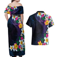 Hawaiian Plumeria-Polynesian Art Tattoo Frosted Blue Violet Color Couples Matching Off Shoulder Maxi Dress and Hawaiian Shirt LT03 - Polynesian Pride