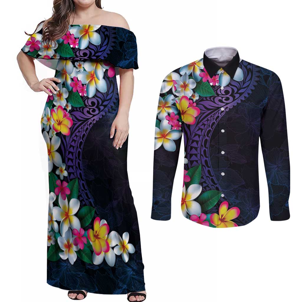 Hawaiian Plumeria-Polynesian Art Tattoo Frosted Blue Violet Color Couples Matching Off Shoulder Maxi Dress and Long Sleeve Button Shirt LT03 Blue - Polynesian Pride