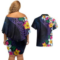 Hawaiian Plumeria-Polynesian Art Tattoo Frosted Blue Violet Color Couples Matching Off Shoulder Short Dress and Hawaiian Shirt LT03 - Polynesian Pride