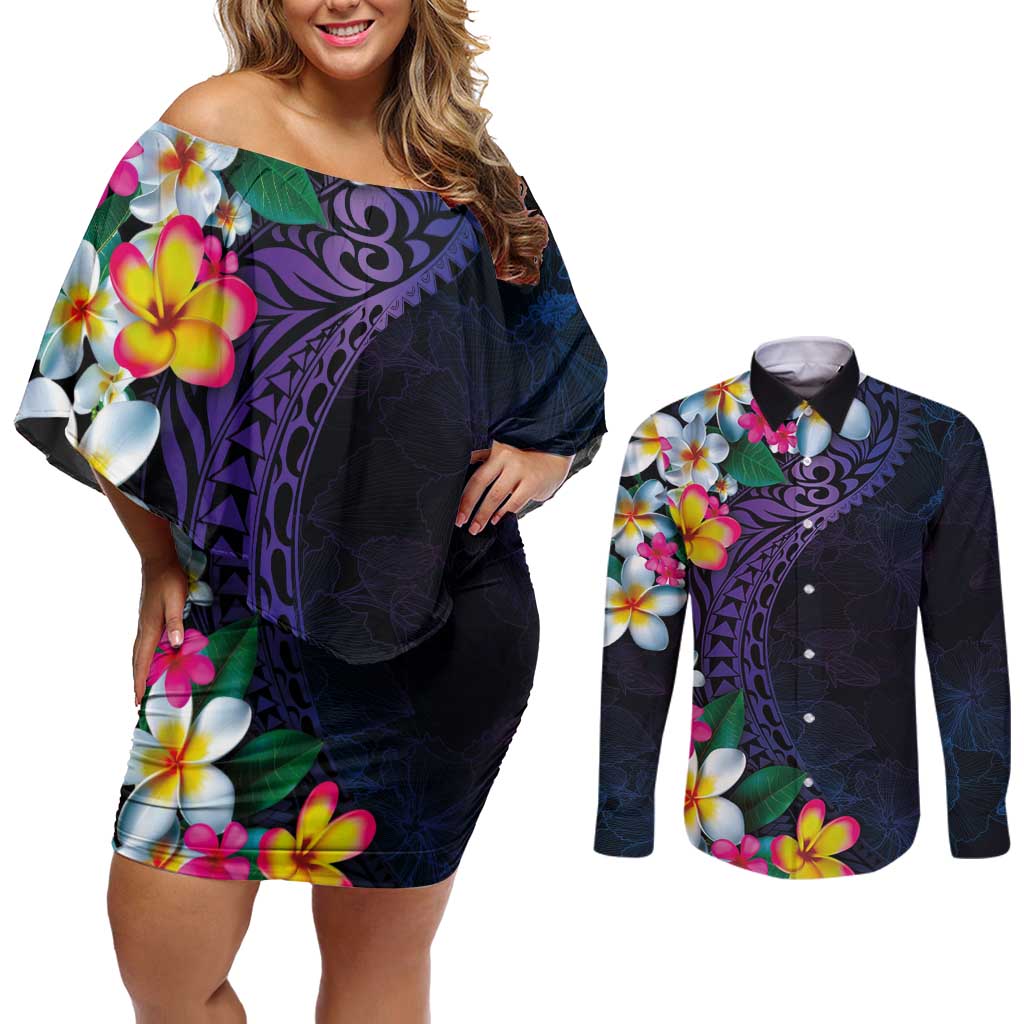 Hawaiian Plumeria-Polynesian Art Tattoo Frosted Blue Violet Color Couples Matching Off Shoulder Short Dress and Long Sleeve Button Shirt LT03 Blue - Polynesian Pride