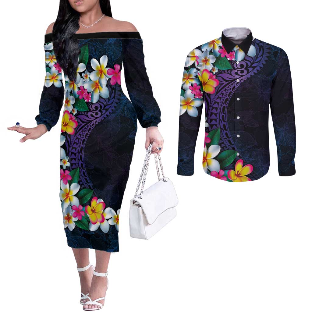 Hawaiian Plumeria-Polynesian Art Tattoo Frosted Blue Violet Color Couples Matching Off The Shoulder Long Sleeve Dress and Long Sleeve Button Shirt LT03 Blue - Polynesian Pride
