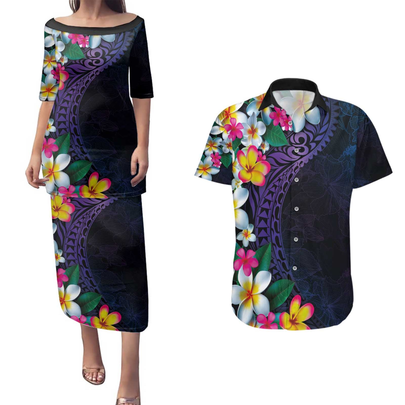Hawaiian Plumeria-Polynesian Art Tattoo Frosted Blue Violet Color Couples Matching Puletasi and Hawaiian Shirt LT03 Blue - Polynesian Pride