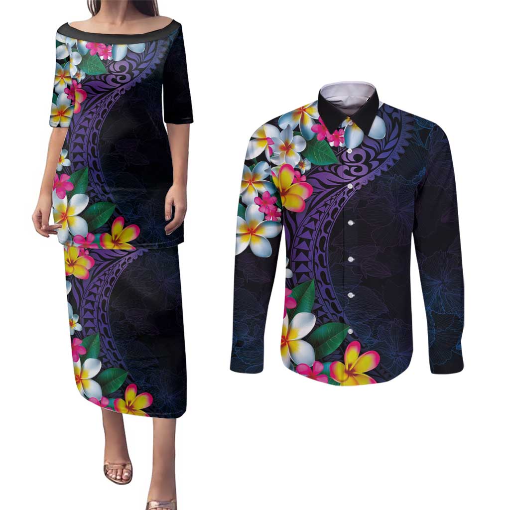 Hawaiian Plumeria-Polynesian Art Tattoo Frosted Blue Violet Color Couples Matching Puletasi and Long Sleeve Button Shirt LT03 Blue - Polynesian Pride
