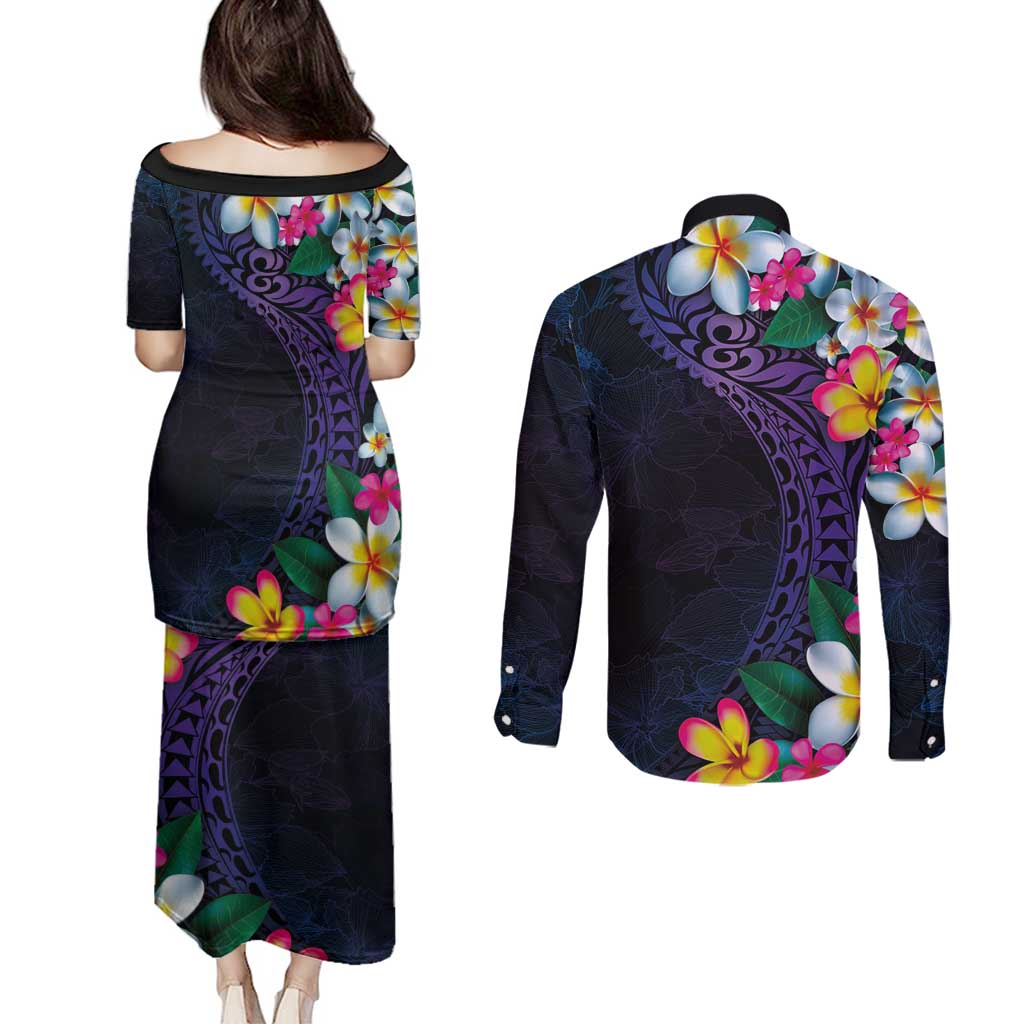 Hawaiian Plumeria-Polynesian Art Tattoo Frosted Blue Violet Color Couples Matching Puletasi and Long Sleeve Button Shirt LT03 - Polynesian Pride