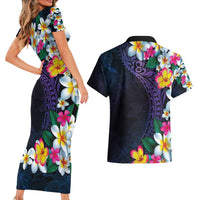 Hawaiian Plumeria-Polynesian Art Tattoo Frosted Blue Violet Color Couples Matching Short Sleeve Bodycon Dress and Hawaiian Shirt LT03 - Polynesian Pride