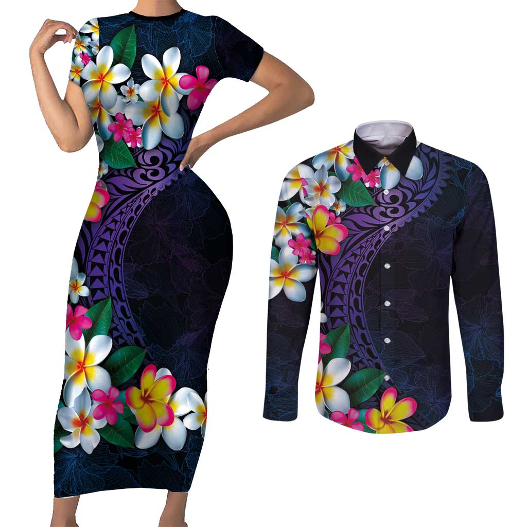 Hawaiian Plumeria-Polynesian Art Tattoo Frosted Blue Violet Color Couples Matching Short Sleeve Bodycon Dress and Long Sleeve Button Shirt LT03 Blue - Polynesian Pride
