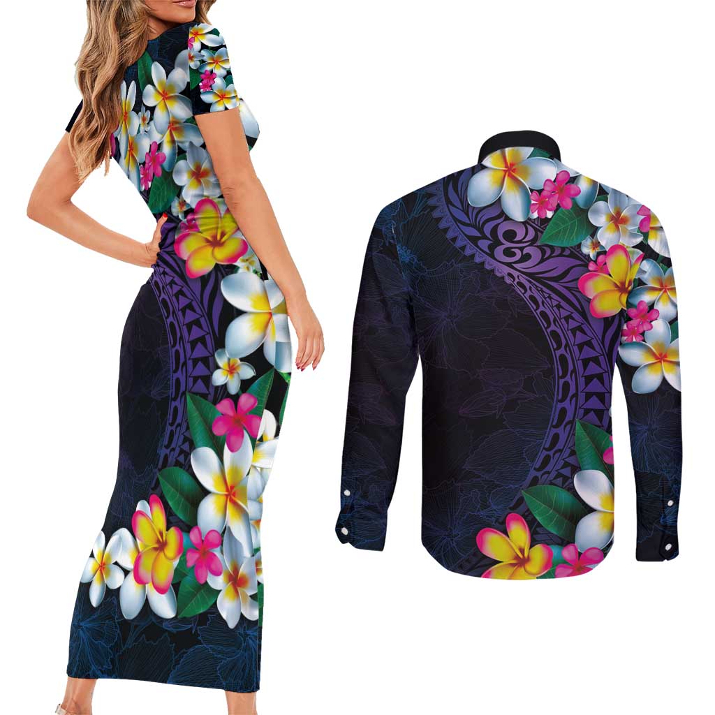 Hawaiian Plumeria-Polynesian Art Tattoo Frosted Blue Violet Color Couples Matching Short Sleeve Bodycon Dress and Long Sleeve Button Shirt LT03 - Polynesian Pride