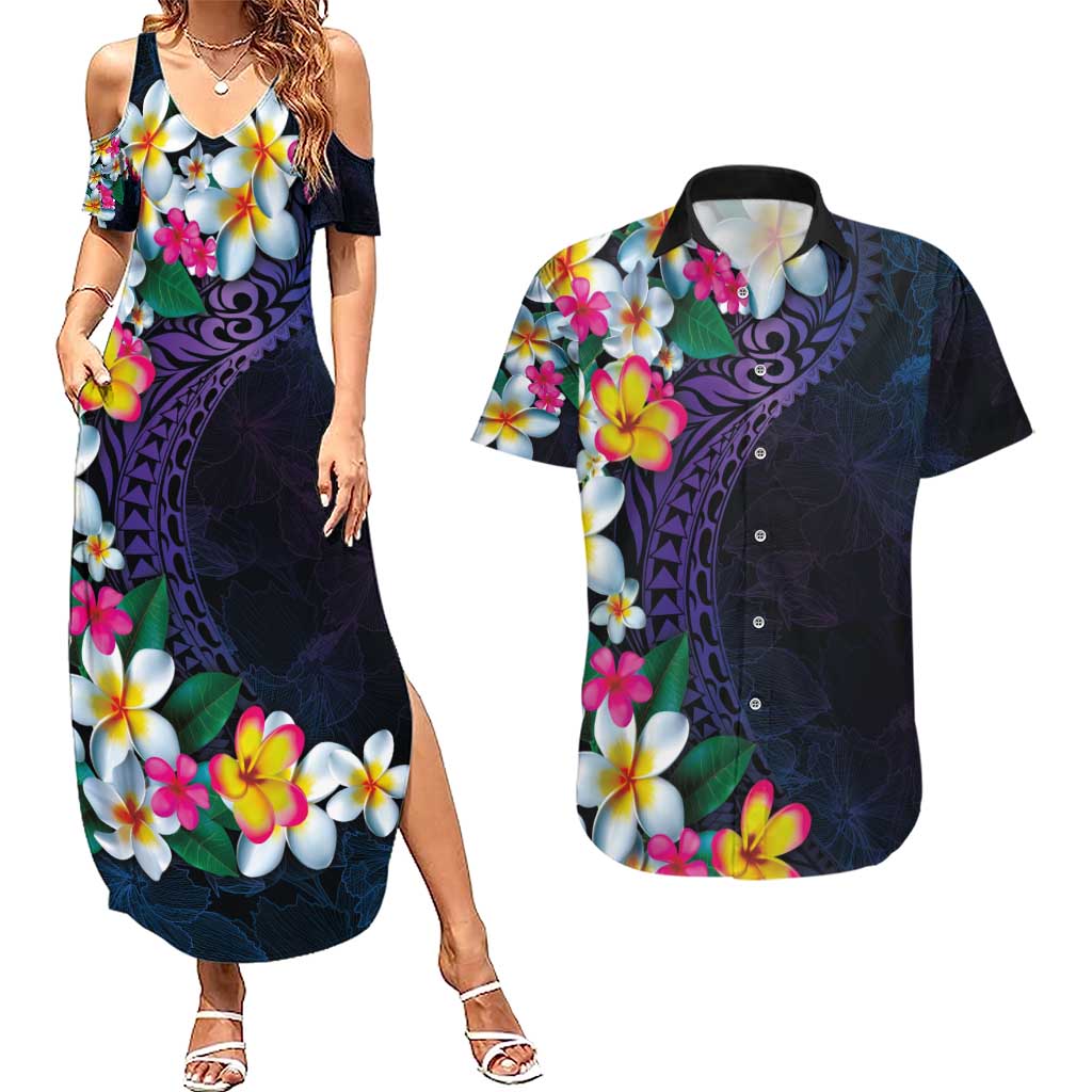 Hawaiian Plumeria-Polynesian Art Tattoo Frosted Blue Violet Color Couples Matching Summer Maxi Dress and Hawaiian Shirt LT03 Blue - Polynesian Pride