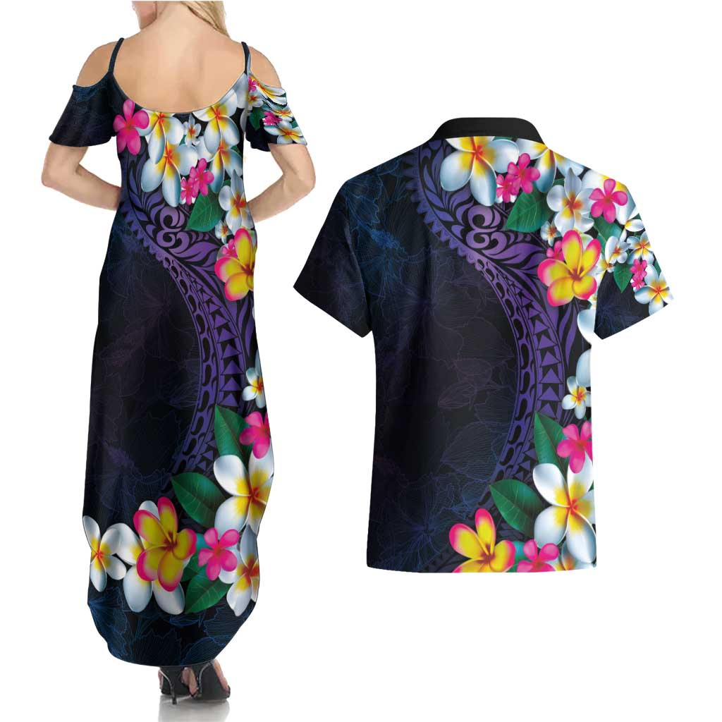 Hawaiian Plumeria-Polynesian Art Tattoo Frosted Blue Violet Color Couples Matching Summer Maxi Dress and Hawaiian Shirt LT03 - Polynesian Pride