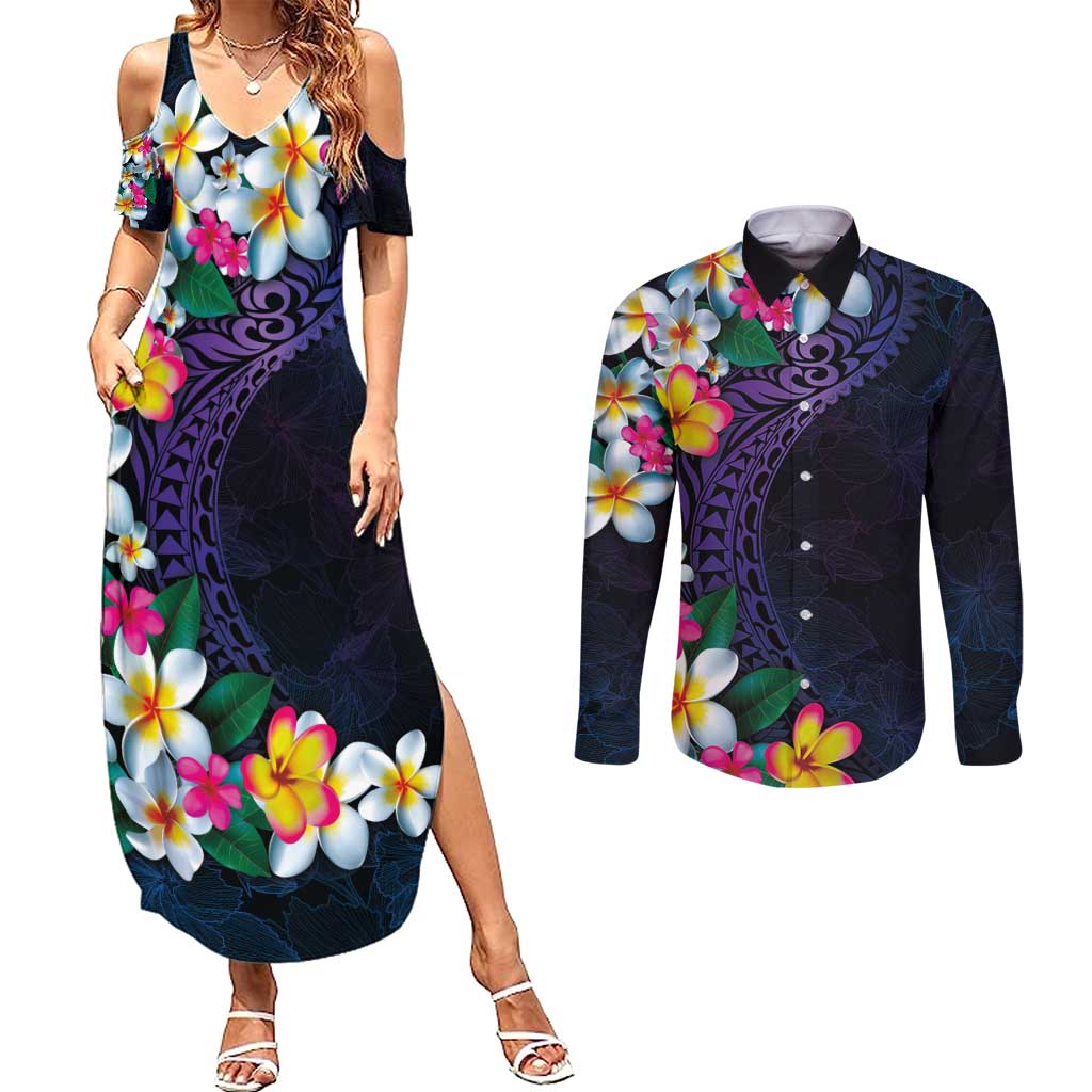 Hawaiian Plumeria-Polynesian Art Tattoo Frosted Blue Violet Color Couples Matching Summer Maxi Dress and Long Sleeve Button Shirt LT03 Blue - Polynesian Pride
