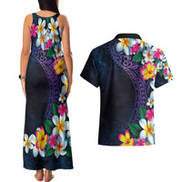 Hawaiian Plumeria-Polynesian Art Tattoo Frosted Blue Violet Color Couples Matching Tank Maxi Dress and Hawaiian Shirt LT03 - Polynesian Pride