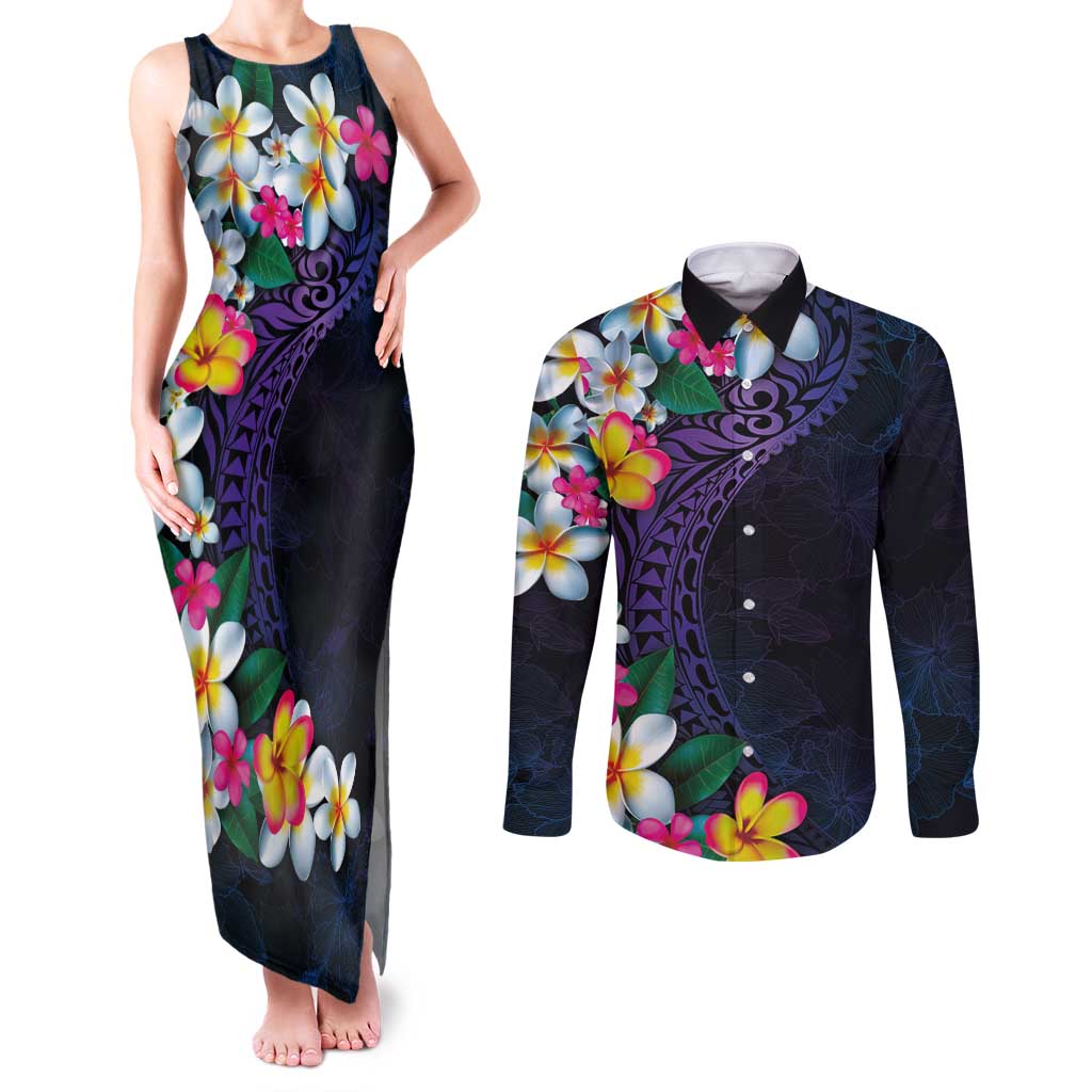 Hawaiian Plumeria-Polynesian Art Tattoo Frosted Blue Violet Color Couples Matching Tank Maxi Dress and Long Sleeve Button Shirt LT03 Blue - Polynesian Pride