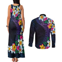Hawaiian Plumeria-Polynesian Art Tattoo Frosted Blue Violet Color Couples Matching Tank Maxi Dress and Long Sleeve Button Shirt LT03 - Polynesian Pride