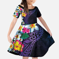 Hawaiian Plumeria-Polynesian Art Tattoo Frosted Blue Violet Color Family Matching Mermaid Dress and Hawaiian Shirt LT03 Daughter's Dress Blue - Polynesian Pride