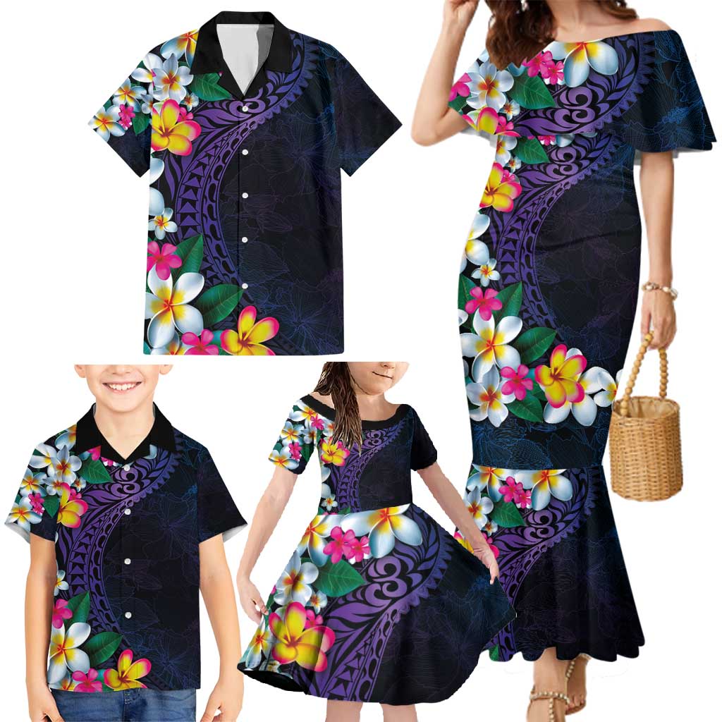 Hawaiian Plumeria-Polynesian Art Tattoo Frosted Blue Violet Color Family Matching Mermaid Dress and Hawaiian Shirt LT03 - Polynesian Pride