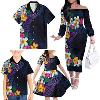 Hawaiian Plumeria-Polynesian Art Tattoo Frosted Blue Violet Color Family Matching Off The Shoulder Long Sleeve Dress and Hawaiian Shirt LT03 - Polynesian Pride