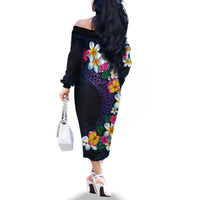 Hawaiian Plumeria-Polynesian Art Tattoo Frosted Blue Violet Color Family Matching Off The Shoulder Long Sleeve Dress and Hawaiian Shirt LT03 - Polynesian Pride