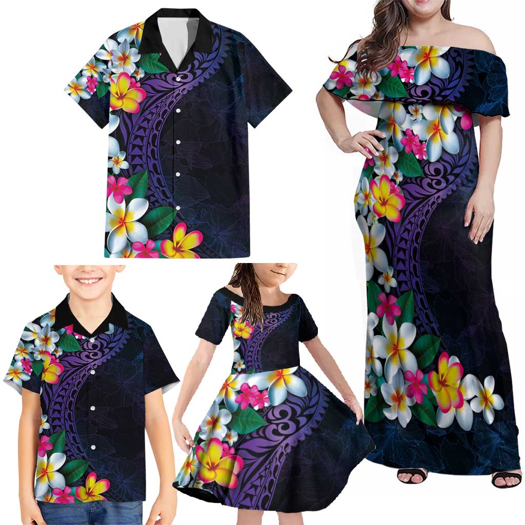 Hawaiian Plumeria-Polynesian Art Tattoo Frosted Blue Violet Color Family Matching Off Shoulder Maxi Dress and Hawaiian Shirt LT03 - Polynesian Pride