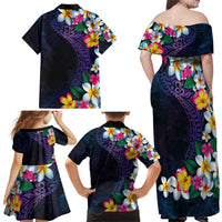 Hawaiian Plumeria-Polynesian Art Tattoo Frosted Blue Violet Color Family Matching Off Shoulder Maxi Dress and Hawaiian Shirt LT03 - Polynesian Pride