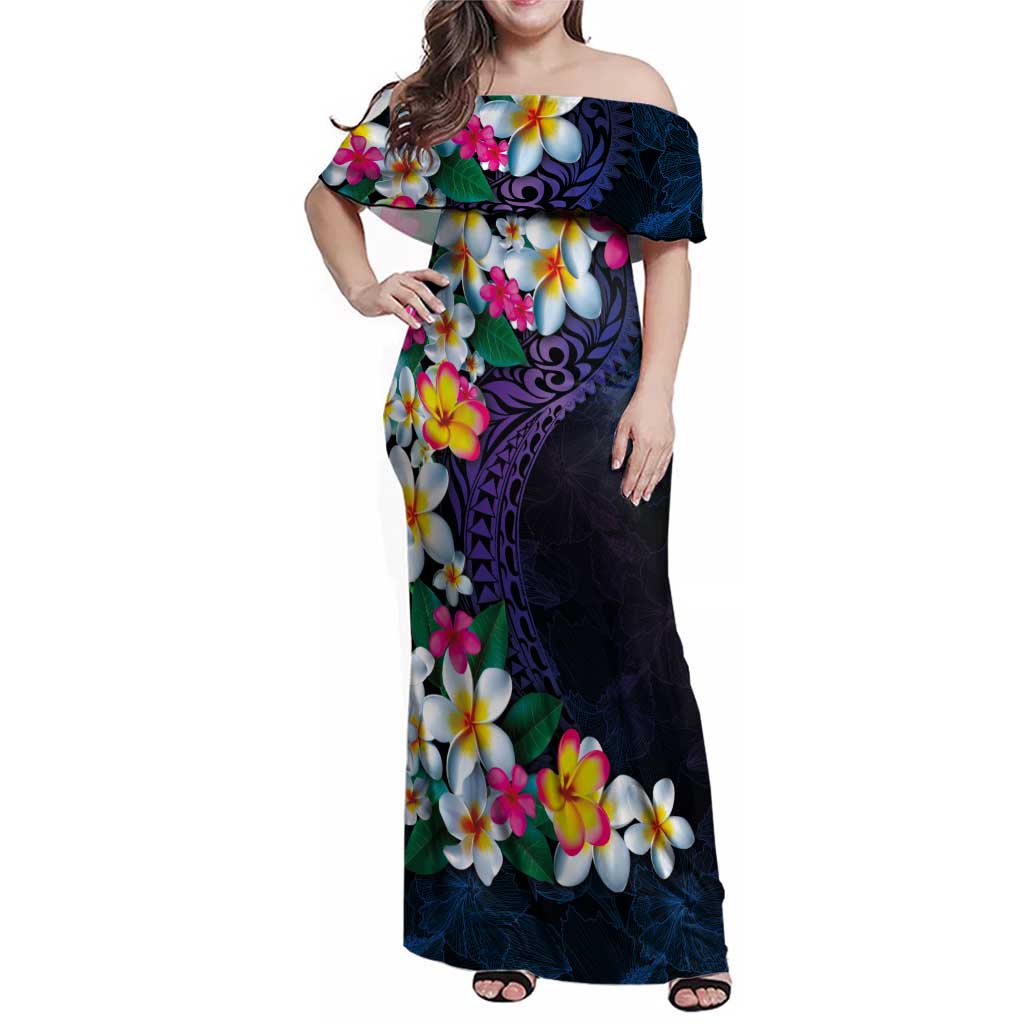 Hawaiian Plumeria-Polynesian Art Tattoo Frosted Blue Violet Color Family Matching Off Shoulder Maxi Dress and Hawaiian Shirt LT03 Mom's Dress Blue - Polynesian Pride