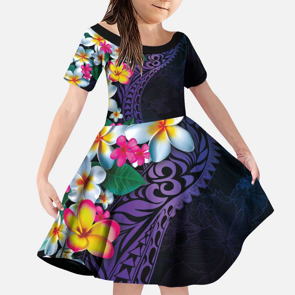 Hawaiian Plumeria-Polynesian Art Tattoo Frosted Blue Violet Color Family Matching Puletasi and Hawaiian Shirt LT03 Daughter's Dress Blue - Polynesian Pride
