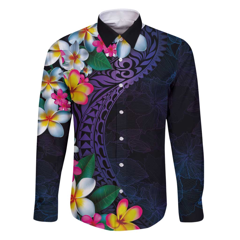 Hawaiian Plumeria-Polynesian Art Tattoo Frosted Blue Violet Color Family Matching Puletasi and Hawaiian Shirt LT03 Dad's Shirt - Long Sleeve Blue - Polynesian Pride